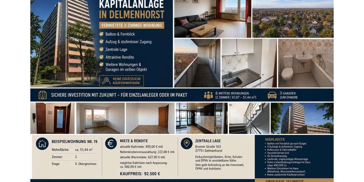 Etagenwohnung Delmenhorst Iprump/Stickgras - 2 Zimmer, 51 m&sup2;, 92.500&euro; | Angebot:26942901