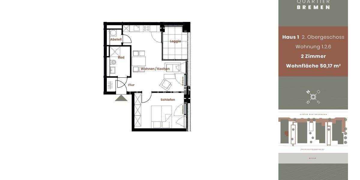 Etagenwohnung Bremen Handelshäfen - 2 Zimmer, 50 m&sup2;, 889&euro; | Angebot:26930152