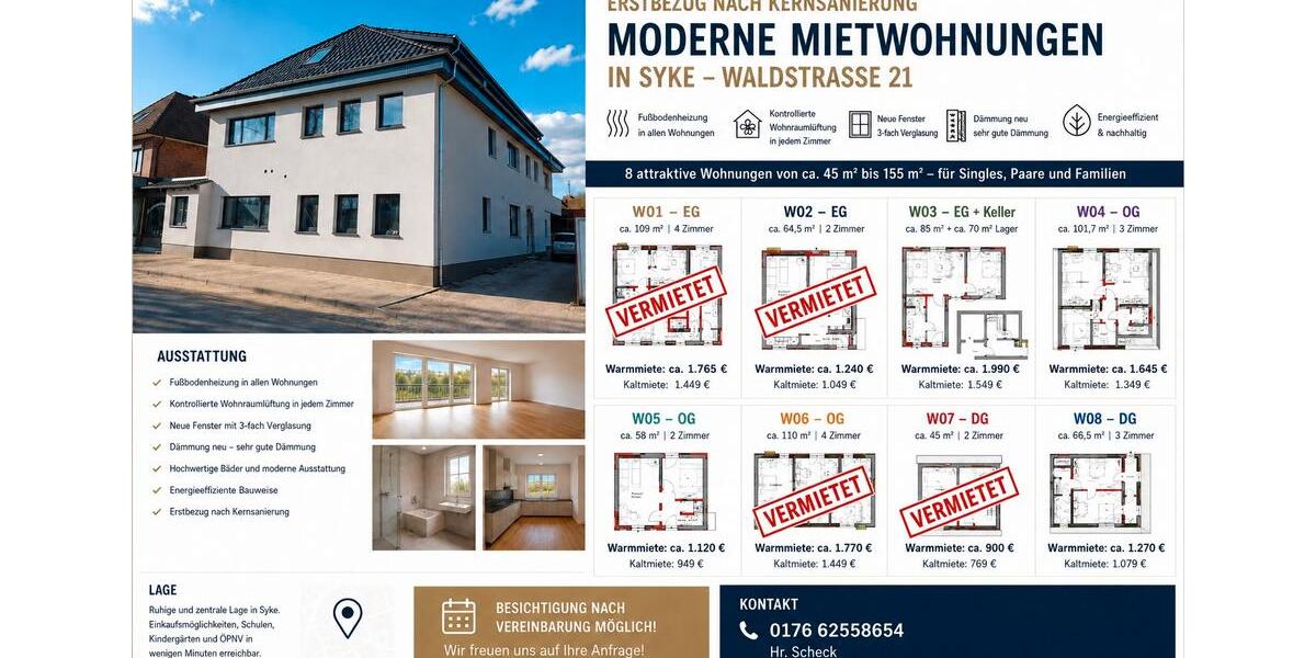 Etagenwohnung Syke - 3 Zimmer, 80 m&sup2;, 999&euro; | Angebot:26727766