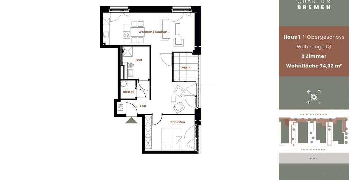 Etagenwohnung Bremen Handelshäfen - 2 Zimmer, 73 m&sup2;, 1.099&euro; | Angebot:26674651
