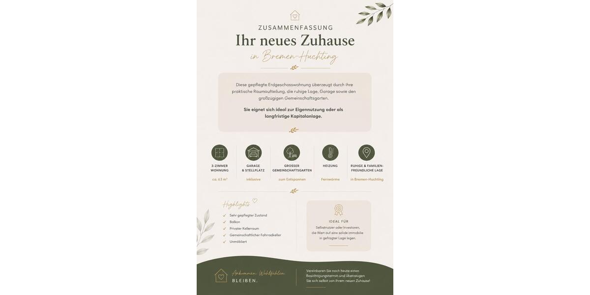 Erdgeschoßwohnung Bremen Huchting - 3 Zimmer, 63 m&sup2;, 189.000&euro; | Angebot:27169250