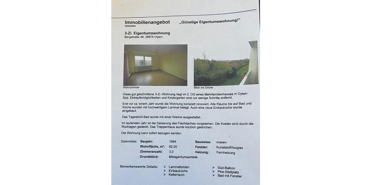 Etagenwohnung Oyten - 2 Zimmer, 62 m&sup2;, 190.000&euro; | Angebot:24612219