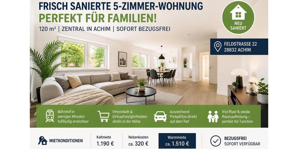 Erdgeschoßwohnung Achim - 5 Zimmer, 110 m&sup2;, 1.190&euro; | Angebot:26429439