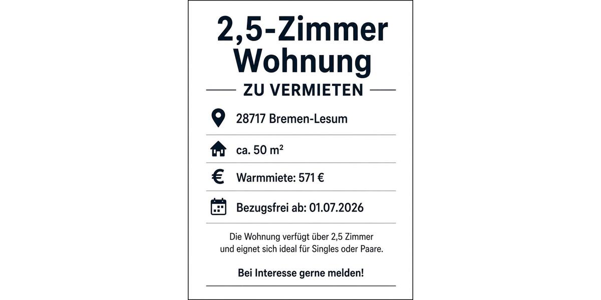 Dachgeschoßwohnung Bremen Burglesum - 3 Zimmer, 50 m&sup2;, 571&euro; | Angebot:26698415